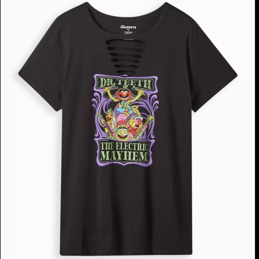 Torrid Black and Purple Graphic Cut Out Short Sleeve Tee